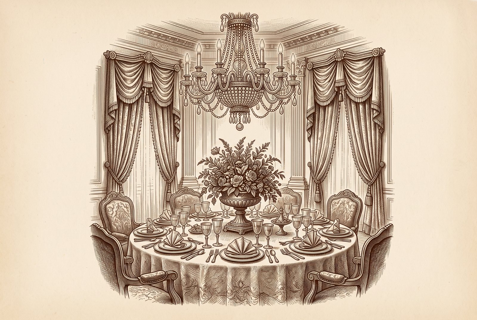 Engraving of a chandelier above a set banquet table with a floral centrepiece