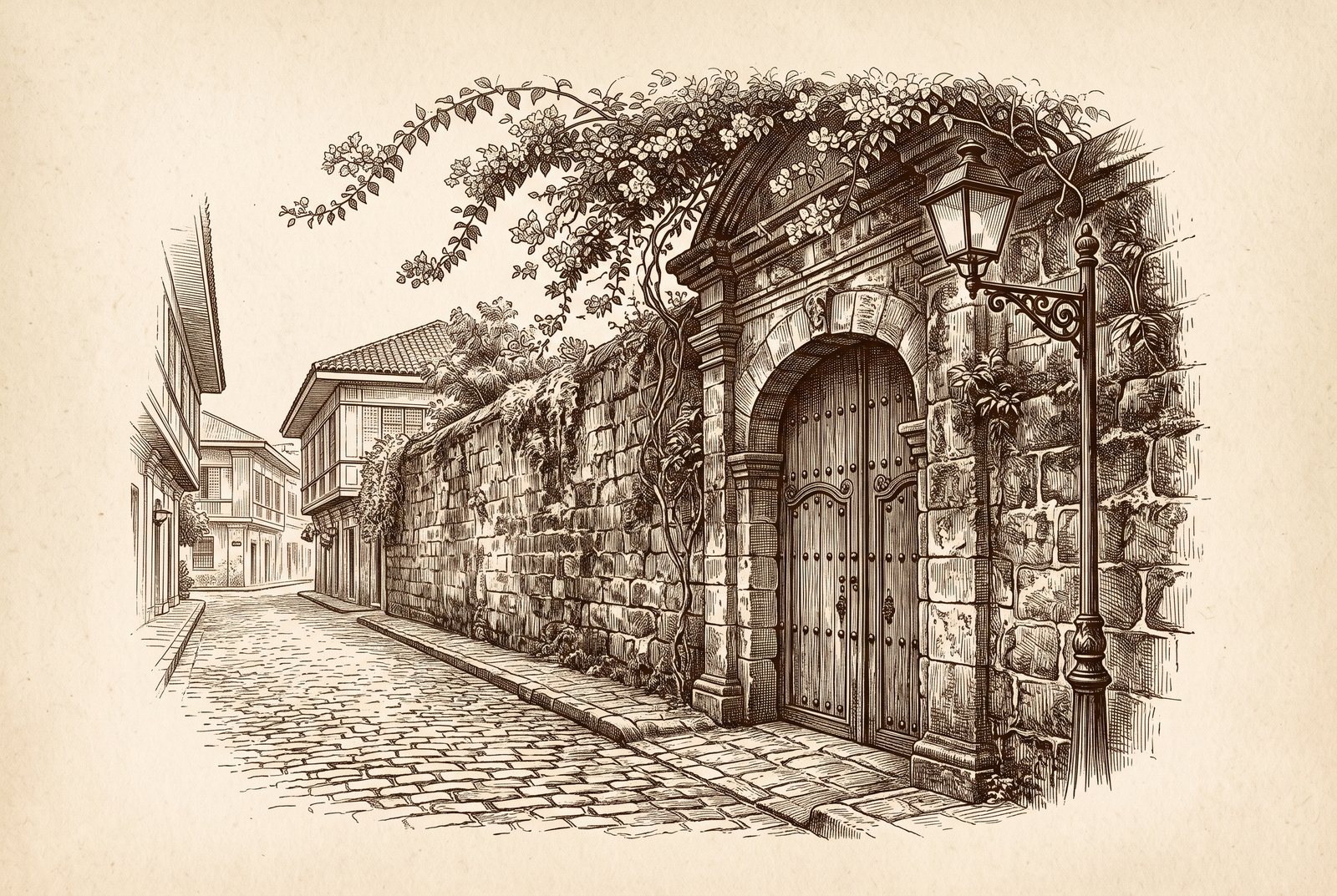 Engraving of a cobblestone street and an old stone gateway in Intramuros, with a lamp post and bougainvillea