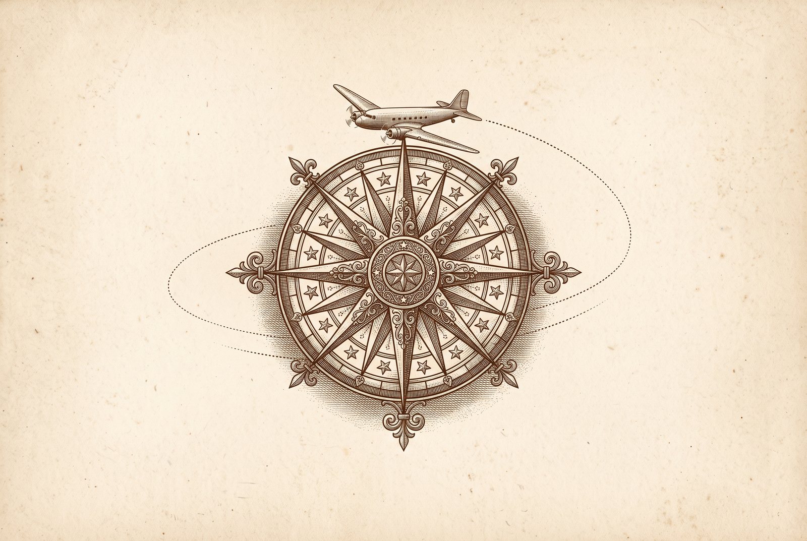 Engraving of a compass rose with a propeller aeroplane and a dotted flight path
