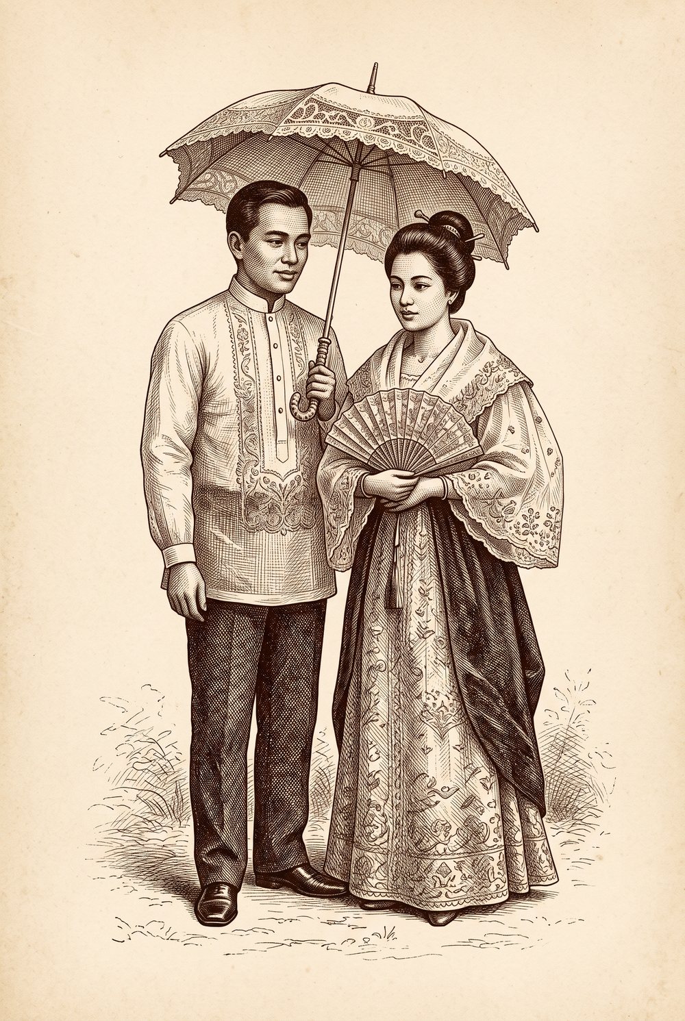 Engraving of a man in a barong holding a lace parasol over a woman in a terno with a fan