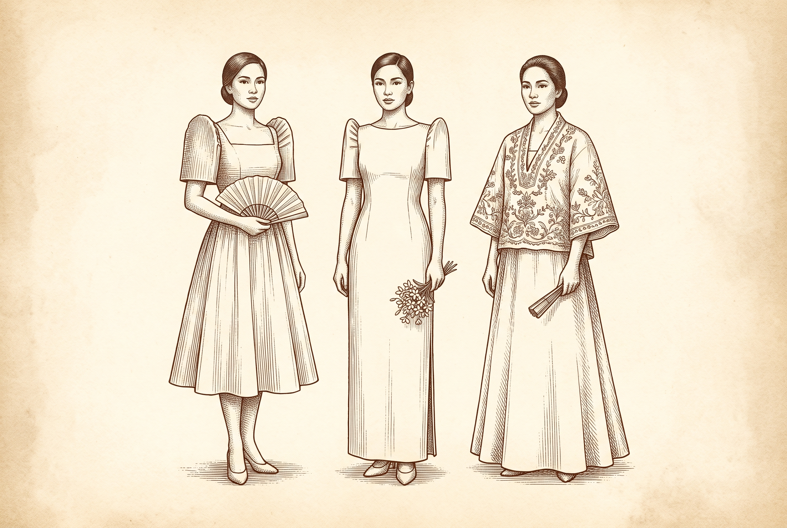 Engraving of three Filipiniana silhouettes, Maria Clara, modern sheath, and butterfly sleeve terno