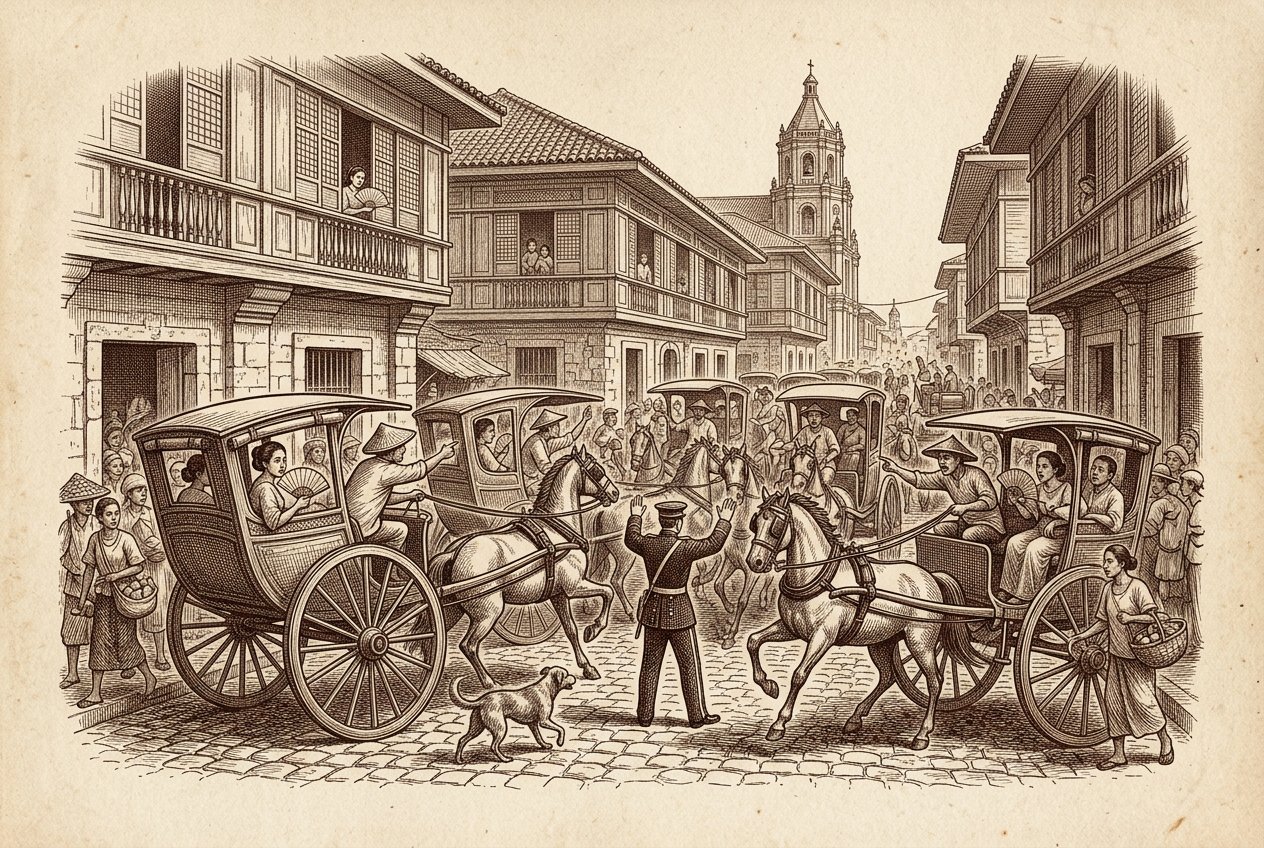 Engraving of a crowded Old Manila street where kalesas are jammed together, horses restless, while a policeman waves his arms and a stray dog slips through