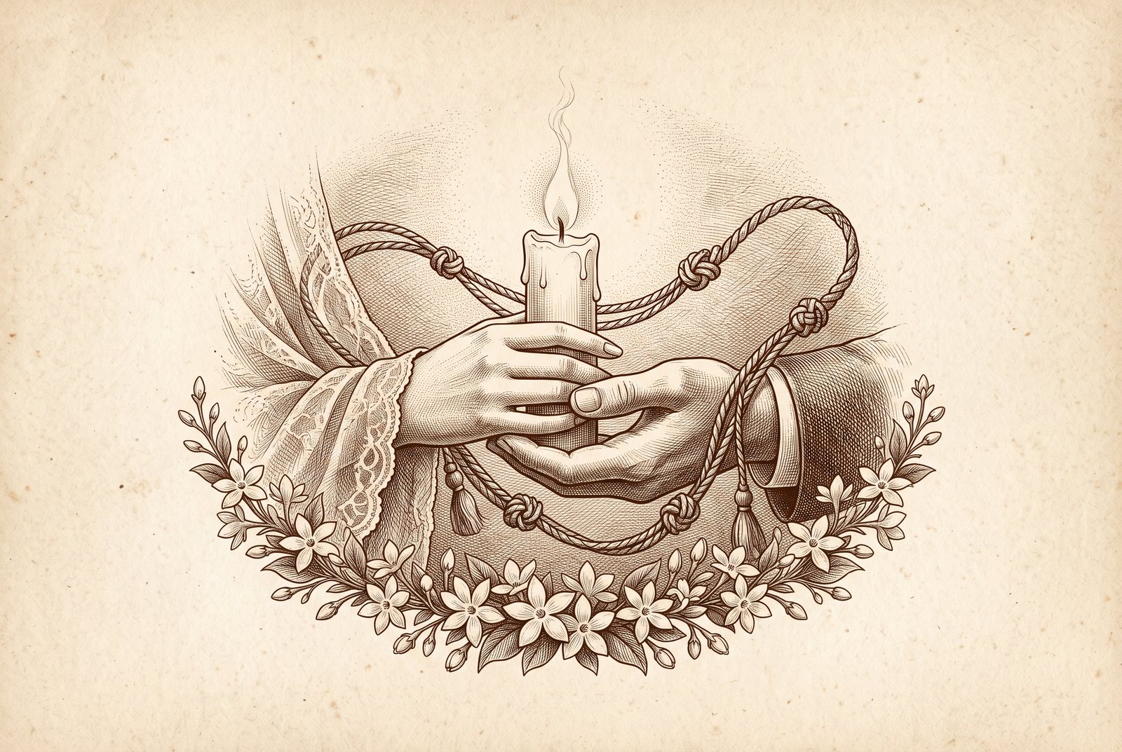 Engraving of two hands holding a lit candle with a looped cord and a sampaguita garland