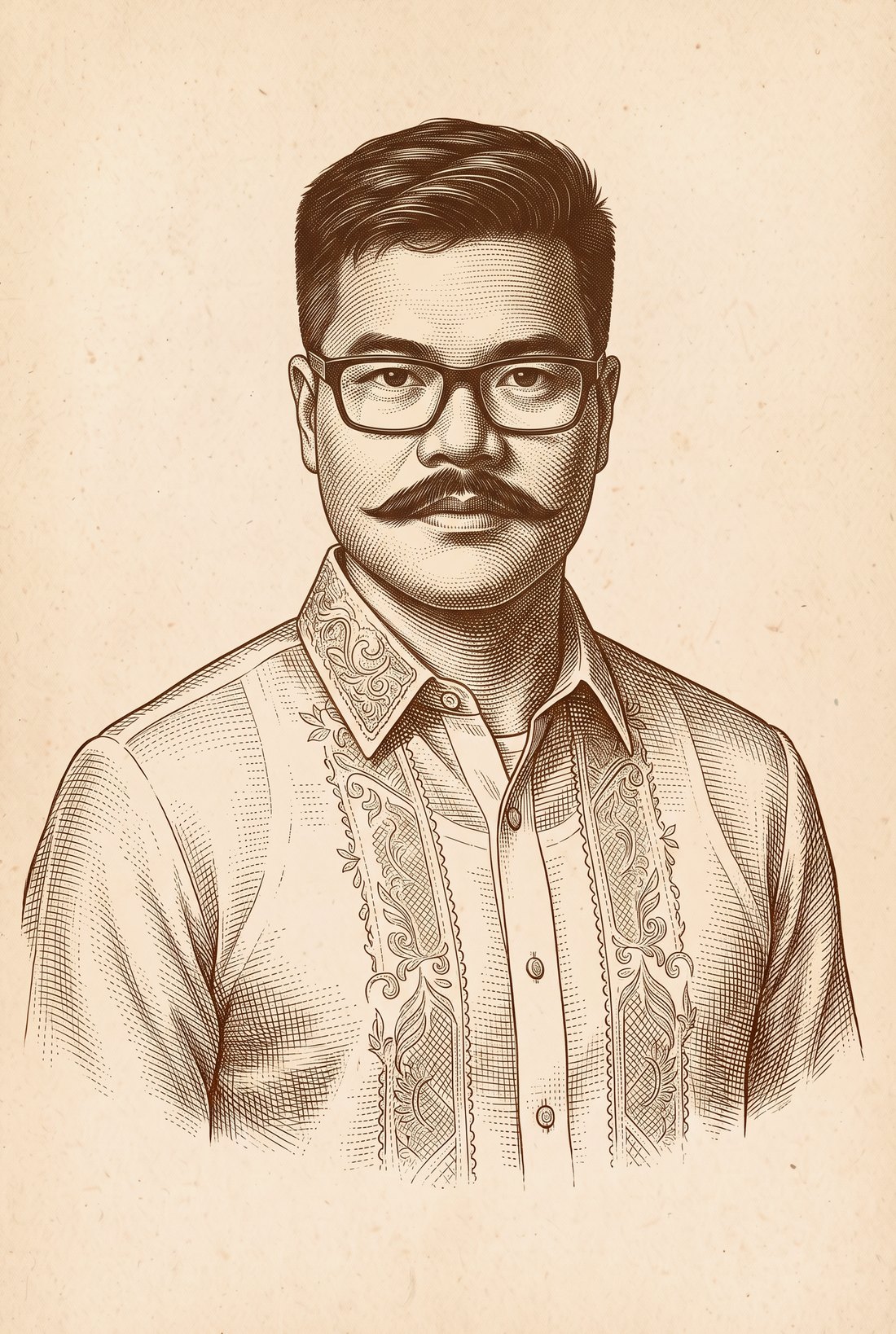 Engraved portrait of Manuel in a barong tagalog