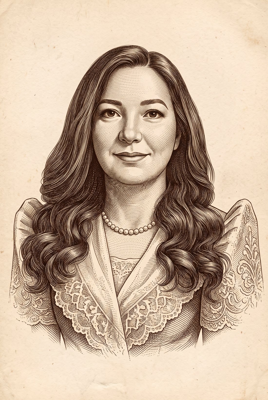 Engraved portrait of Natasha in a terno with a lace shawl