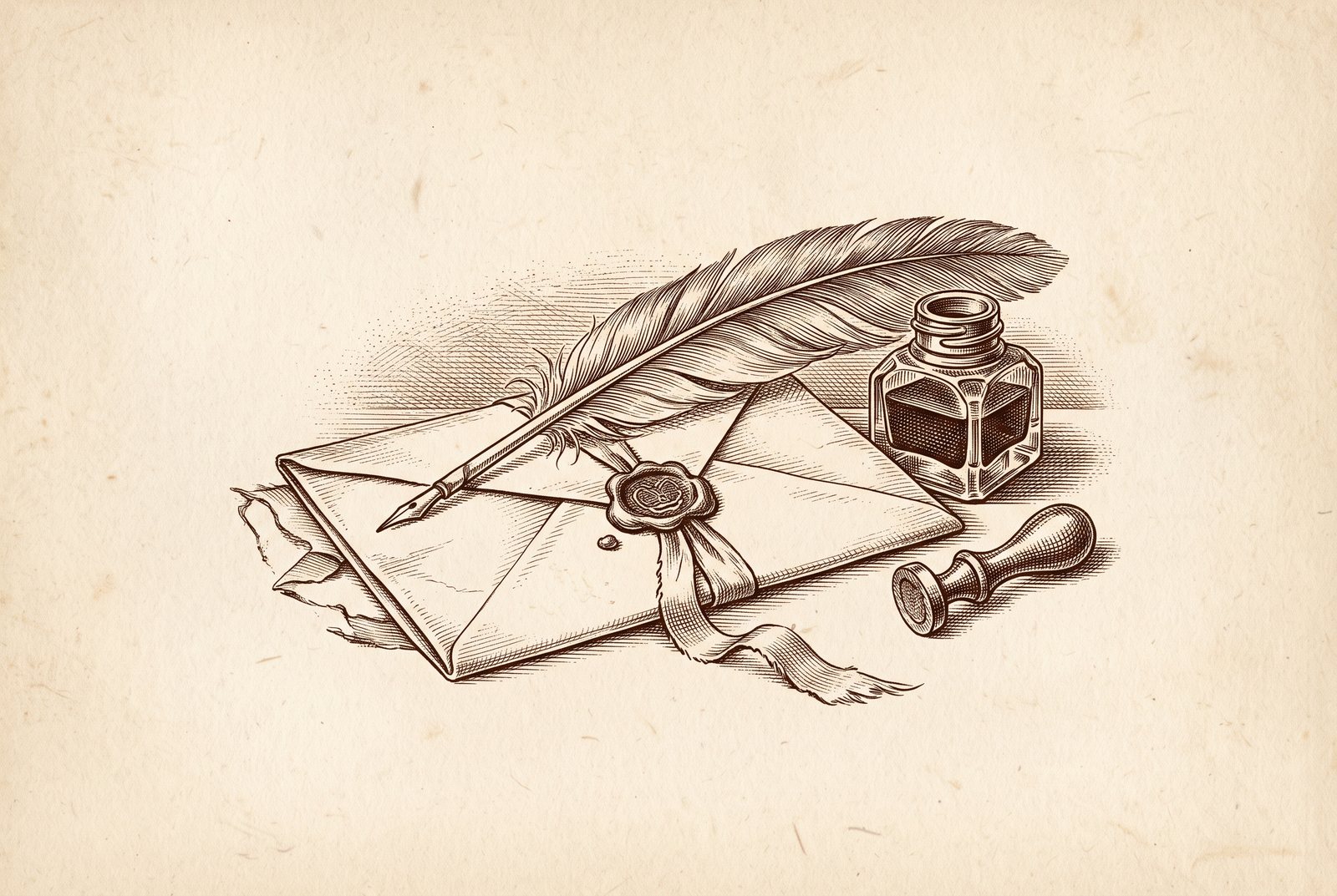 Engraving of a sealed letter with a quill, an inkwell and a wax seal stamp