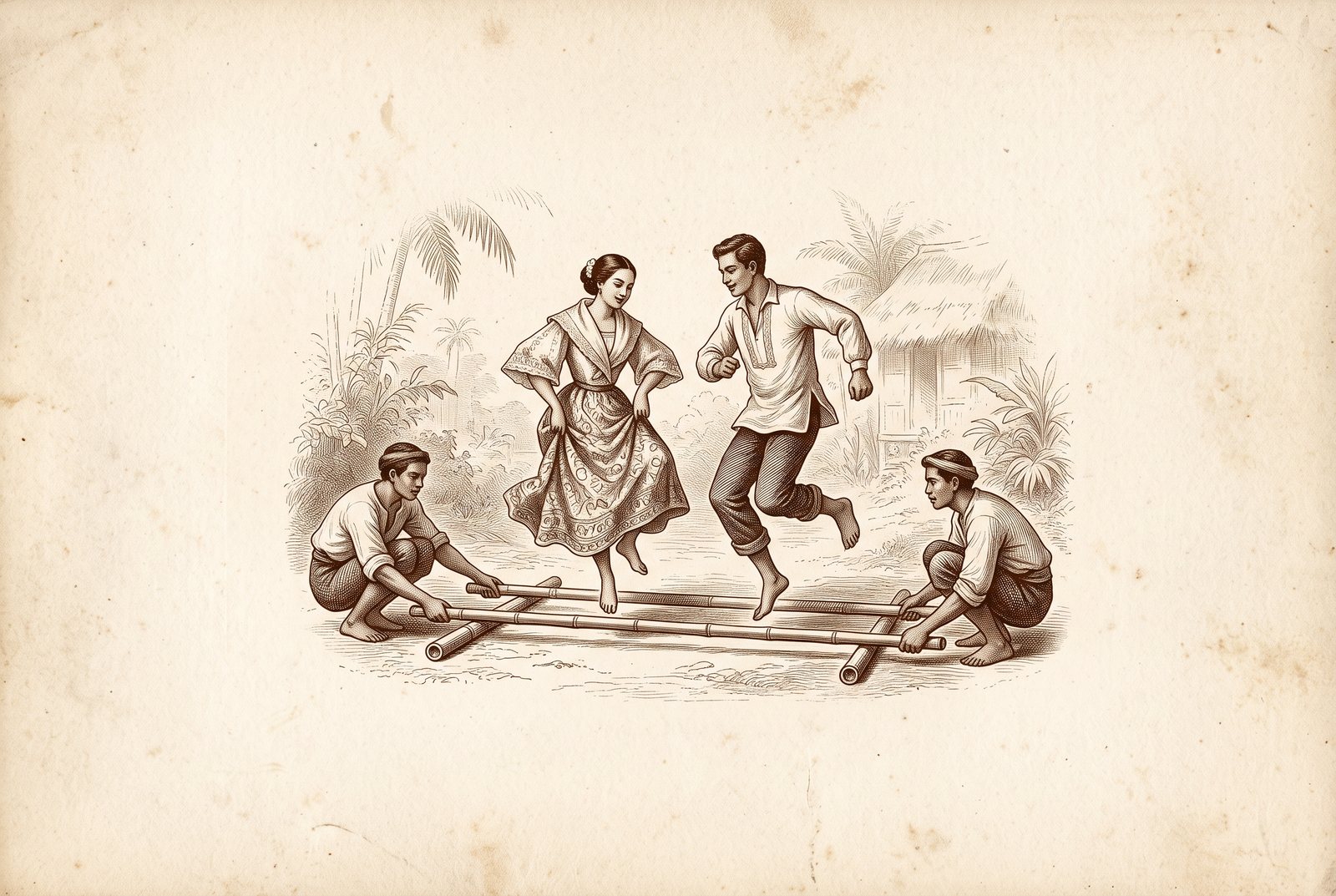 Engraving of two dancers leaping between clapping bamboo poles in the tinikling folk dance