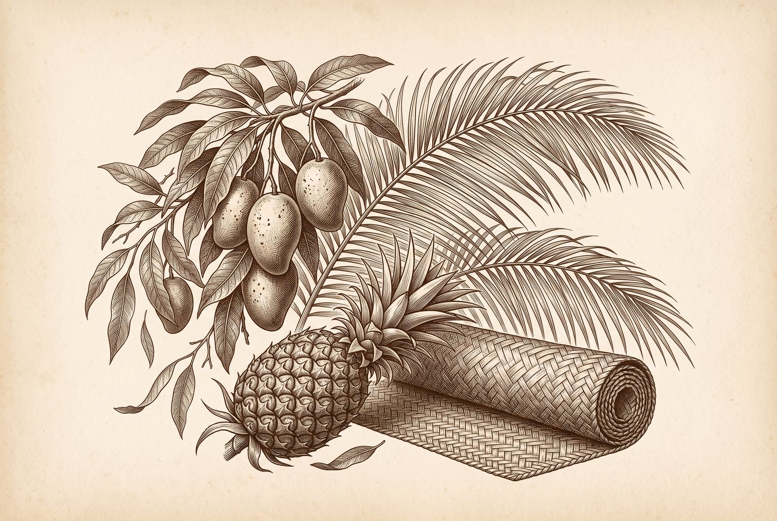 Engraving of a mango branch, a palm frond, a pineapple and a rolled woven banig mat