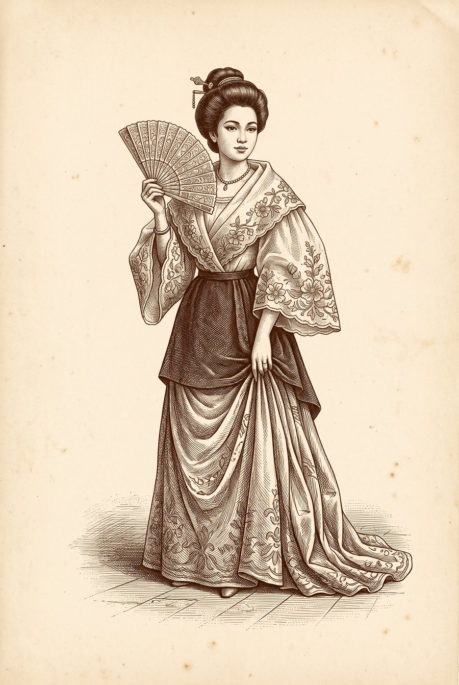 Engraving of a woman in a terno holding an open hand fan